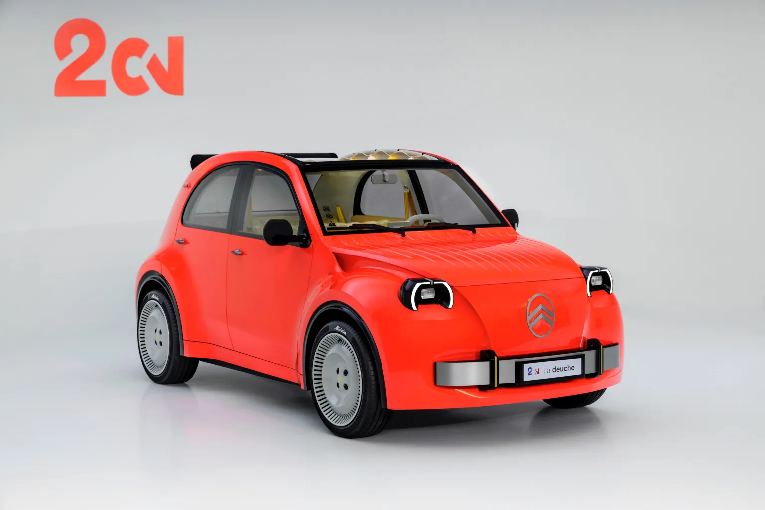 An exterior photo of the new Citroën 2CV concept car.  It's red-orange with an open top and cute squinty headlights.