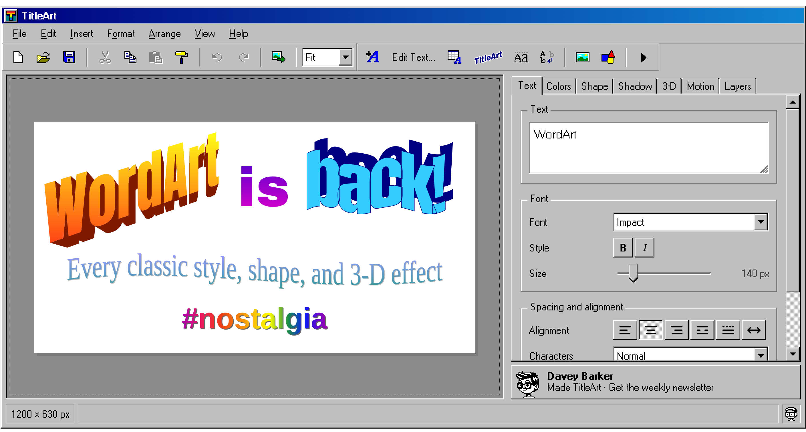 A screenshot of an initial load of the TitleArt web app for creating retro word art. The default canvas has highly-stylized words that say, 'WordArt is back! Every classic style, shape, and 3D-effect,' and that canvas is surrounded by a Windows 3.1 style UI.
